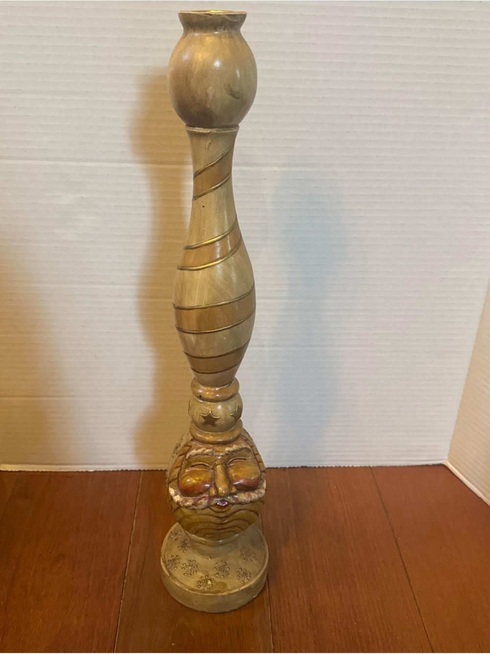VTG Folk Art Santa Candlestick Holder 18” Carved faux Wood Resin St Nick Face
